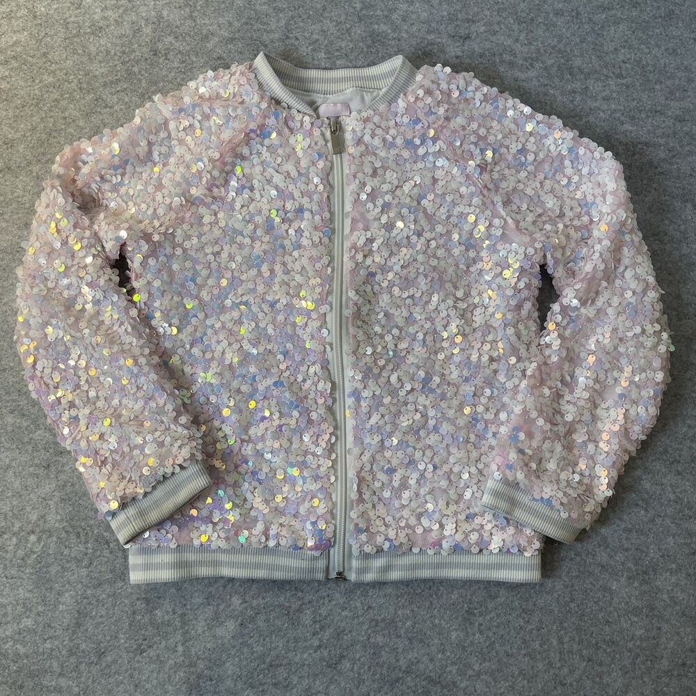Girls Silver Sequin Bomber Jacket Full Zip Long Sleeve Size S (6/6X)